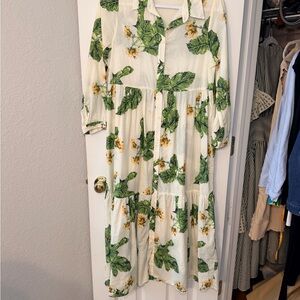 Zara Cream Maxi Dress with Green Leaf and Yellow Floral Print